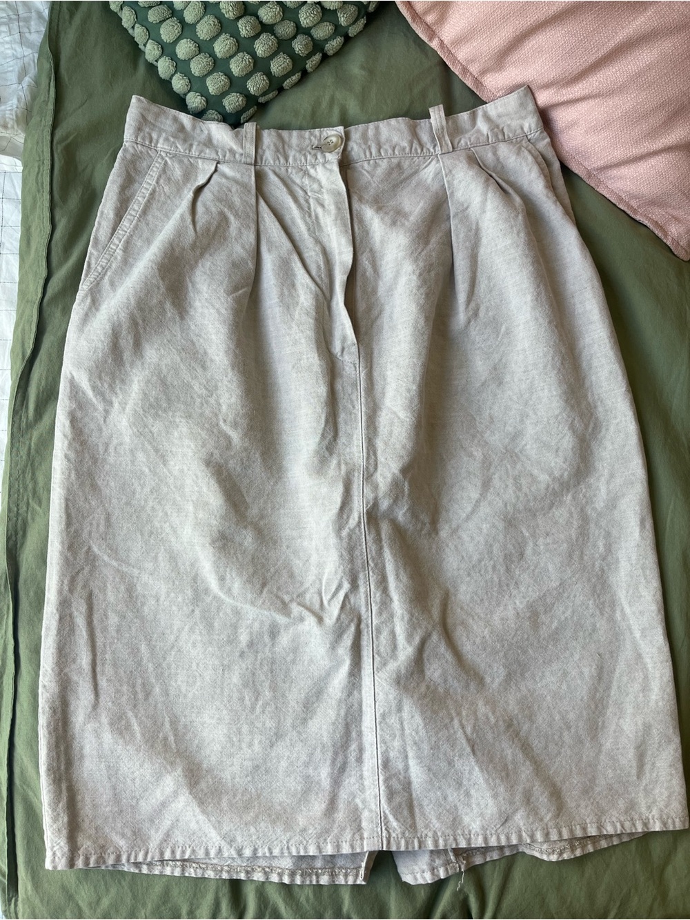 Vintage Linen Blend Skirt | High-Waisted Neutral Midi | Classic Minimalist Style